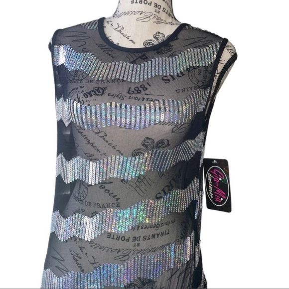 Gia mia ADULT SMALL SILVER SEQUINED STRIPED MESH PERFORMANCE DANCE JUMPER • BNWT - Picture 9 of 12